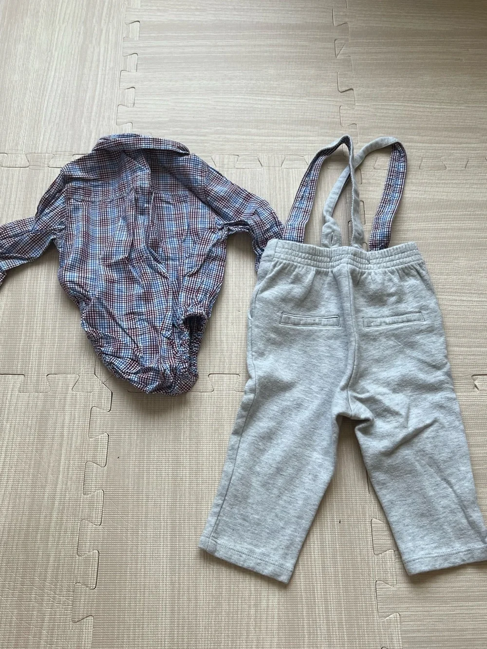 Janie and Jack Plaid Bodysuit with Light Gray Suspender Pants 3-6 months